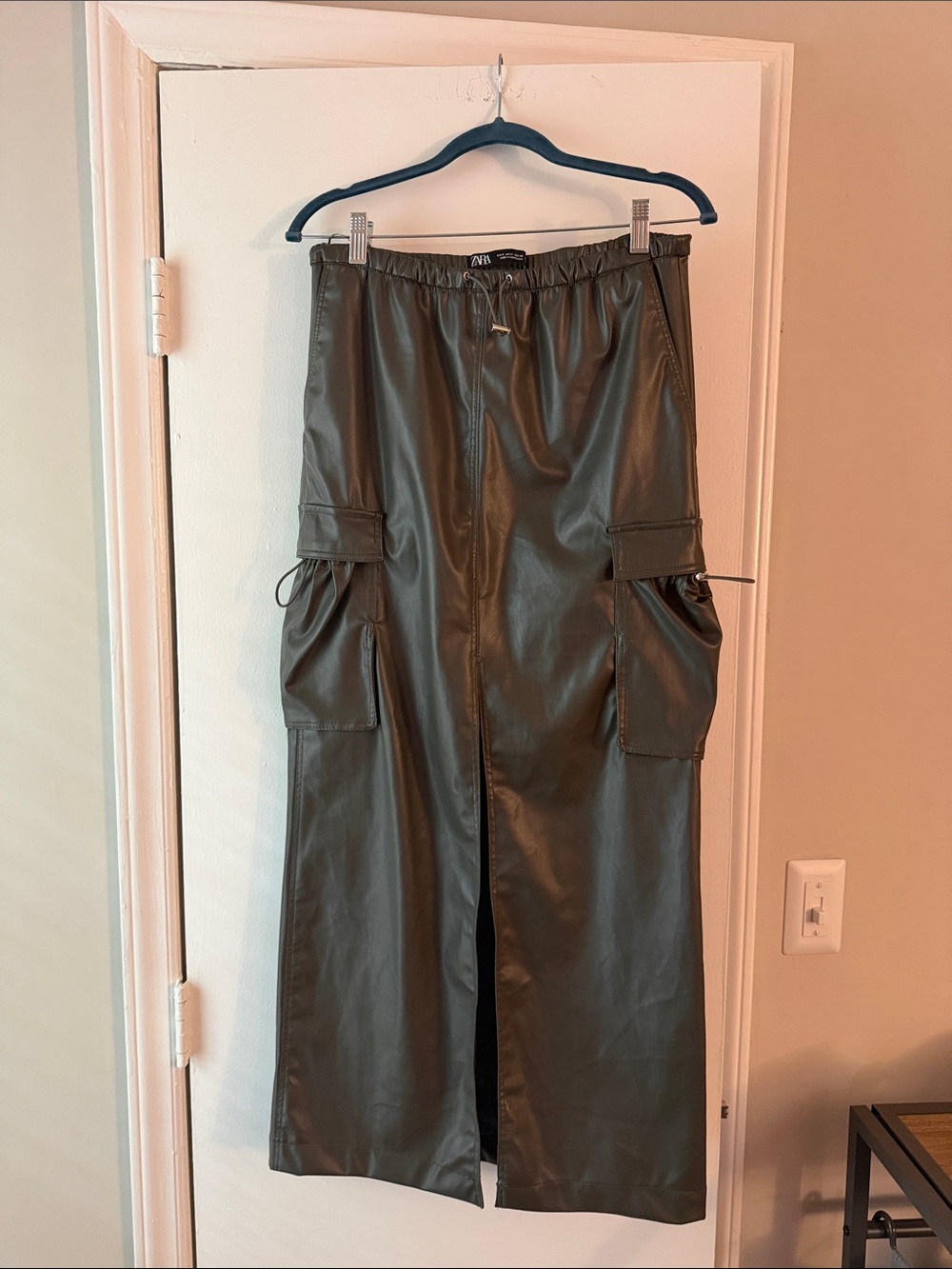 Zara Hunter Green Faux Leather Drawstring Waist Skirt